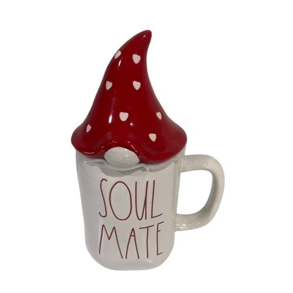 RAE DUNN Heart Hat “Soul Mate” ceramic gnome heart topper lid mug 9”